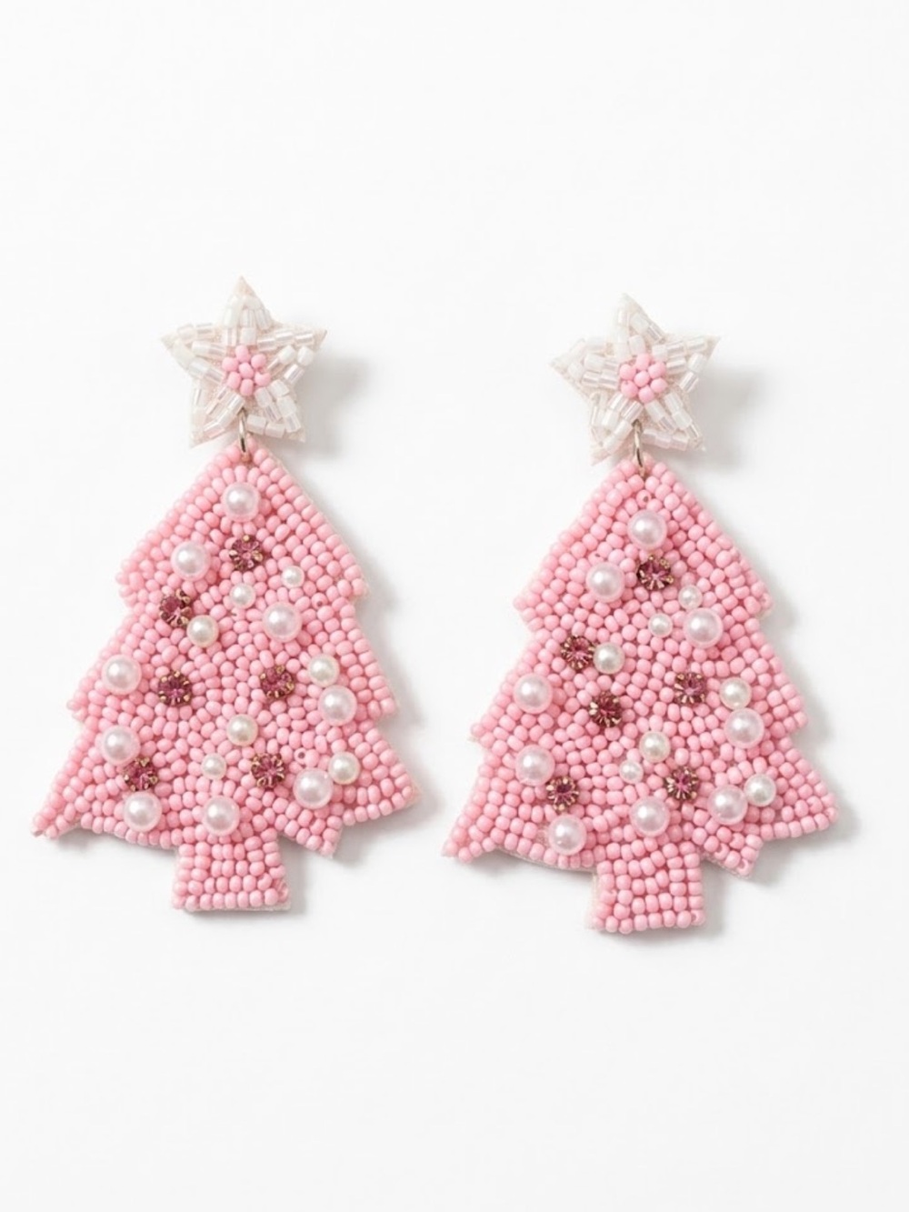 NWT Pink Christmas Tree Earrings Beaded Pearl Holiday Dangle Drop Statement
C1
